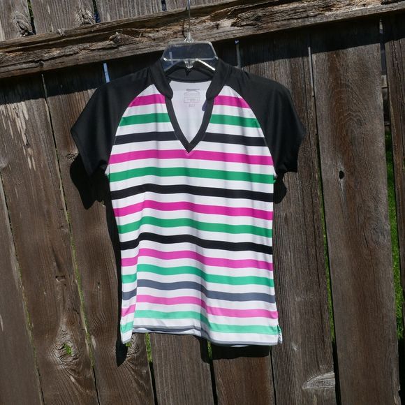 SLAZENGER Womens Golf Shirt Short Sleeve Striped V-Neck Small - Picture 1 of 5